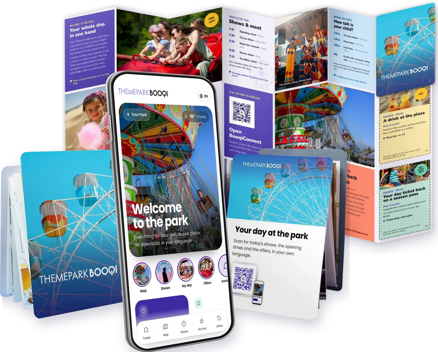 An unfolded Booqi with covers and the BooqiConnect app